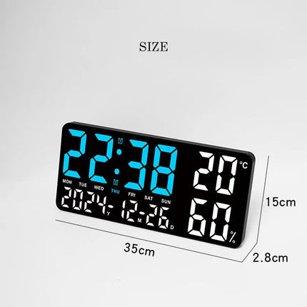 Black Background With Blue and White Light Sleek Large LED Digital Wall & Desk Clock - Remote Control, Temperature, Humidity, Dual Alarms, Calendar.