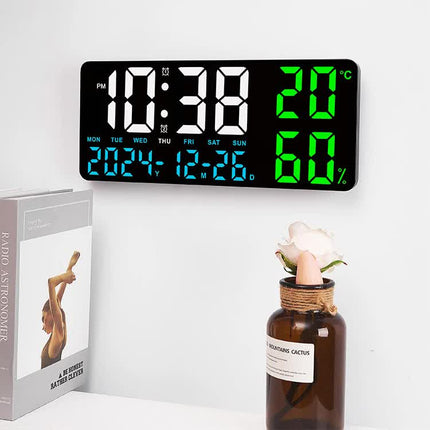 Black Background With Blue and White Light Sleek Large LED Digital Wall & Desk Clock - Remote Control, Temperature, Humidity, Dual Alarms, Calendar.