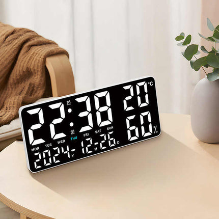 Black Background With Blue and White Light Sleek Large LED Digital Wall & Desk Clock - Remote Control, Temperature, Humidity, Dual Alarms, Calendar.