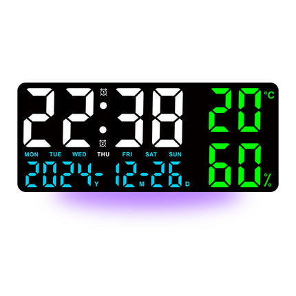 Black Background With Blue,Green and White Light Sleek Large LED Digital Wall & Desk Clock - Remote Control, Temperature, Humidity, Dual Alarms, Calendar.
