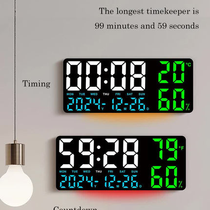 Black Background With Blue,Green and White Light Sleek Large LED Digital Wall & Desk Clock - Remote Control, Temperature, Humidity, Dual Alarms, Calendar.