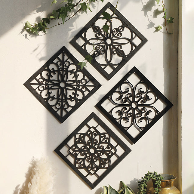 Black Set of 4 Intricate Black Wooden Wall Art Panels - Diamond Mandala Style Home Decor Plaques.