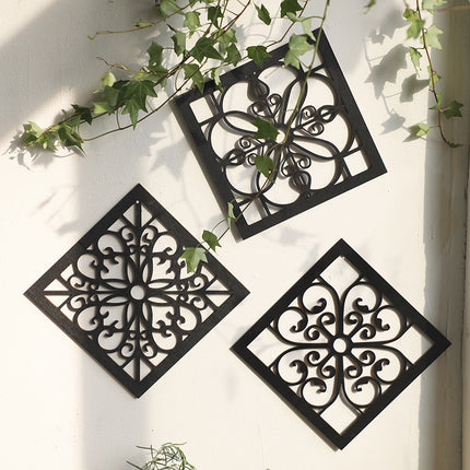Black Set of 4 Intricate Black Wooden Wall Art Panels - Diamond Mandala Style Home Decor Plaques.