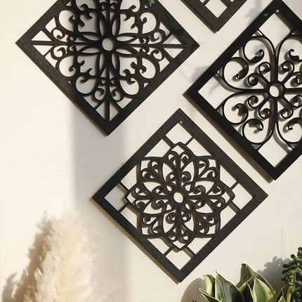 Black Set of 4 Intricate Black Wooden Wall Art Panels - Diamond Mandala Style Home Decor Plaques.