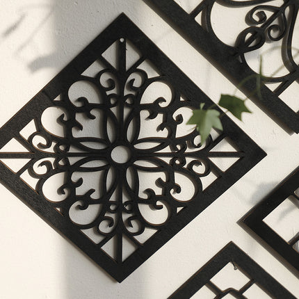 Black Set of 4 Intricate Black Wooden Wall Art Panels - Diamond Mandala Style Home Decor Plaques.