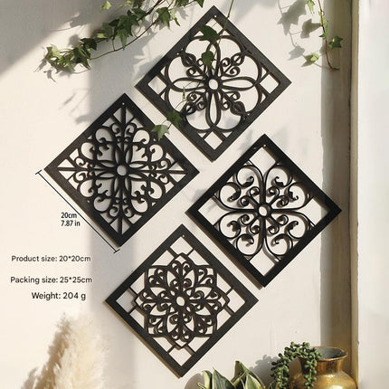 Black Set of 4 Intricate Black Wooden Wall Art Panels - Diamond Mandala Style Home Decor Plaques.