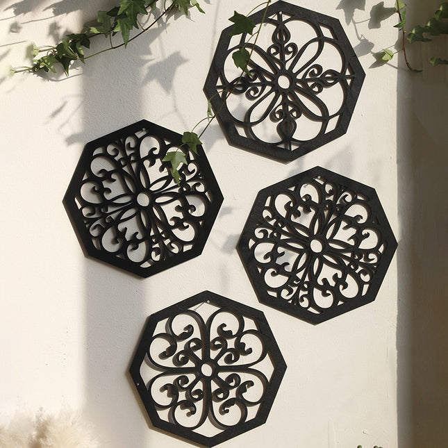 Black Set of 4 Intricate Wooden Octagonal Wall Art - European Style Mandala Decor Plaques.
