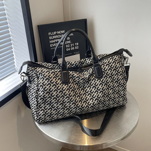 Black Stylish Geometric Pattern Travel Duffel Bag - Large Capacity Lightweight Weekender & Gym Bag.