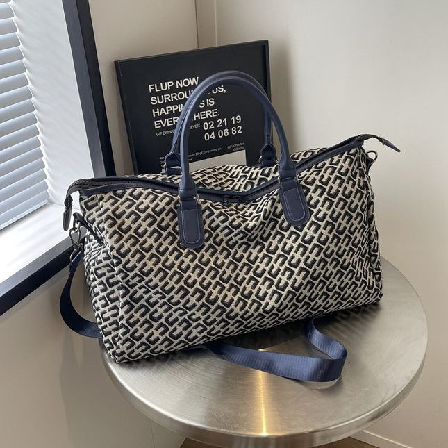 Dark Blue Stylish Geometric Pattern Travel Duffel Bag - Large Capacity Lightweight Weekender & Gym Bag.