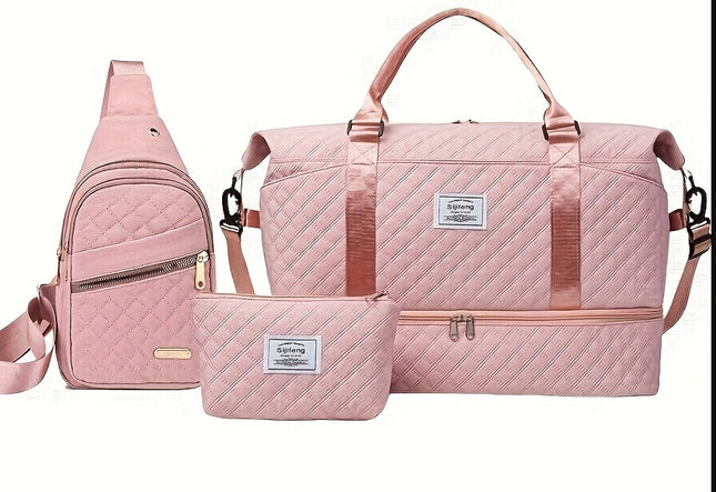 Pink Chic 3-Piece Quilted Travel Bag Set - Duffel, Crossbody Sling & Toiletry Pouch - Large Capacity & Lightweight.