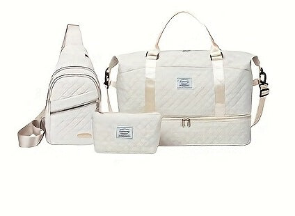 White Chic 3-Piece Quilted Travel Bag Set - Duffel, Crossbody Sling & Toiletry Pouch - Large Capacity & Lightweight.