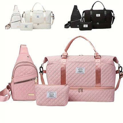 White Chic 3-Piece Quilted Travel Bag Set - Duffel, Crossbody Sling & Toiletry Pouch - Large Capacity & Lightweight.