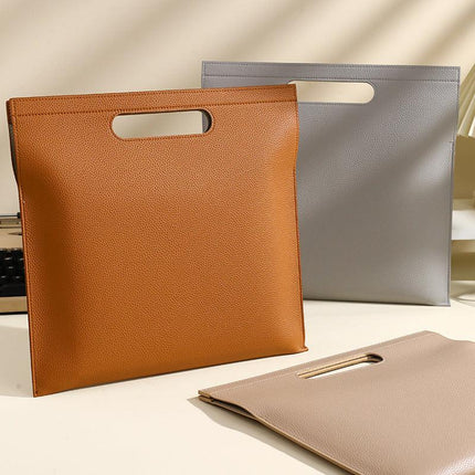 Khaki Professional A4 PU Leather Document Bag - Waterproof Handheld File Folder Portfolio for Business & Conference.
