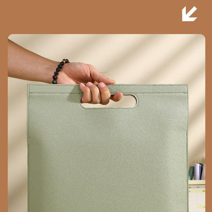 Khaki Professional A4 PU Leather Document Bag - Waterproof Handheld File Folder Portfolio for Business & Conference.