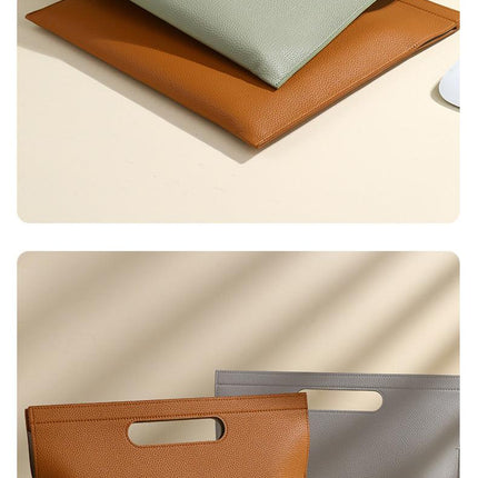 Khaki Professional A4 PU Leather Document Bag - Waterproof Handheld File Folder Portfolio for Business & Conference.