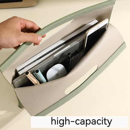 Beige Professional A4 PU Leather Document Bag - Waterproof Handheld File Folder Portfolio for Business & Conference.