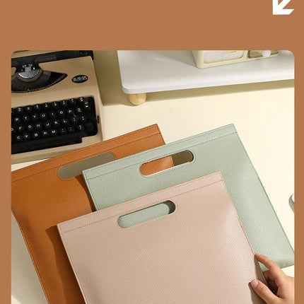 Light Green Professional A4 PU Leather Document Bag - Waterproof Handheld File Folder Portfolio for Business & Conference.