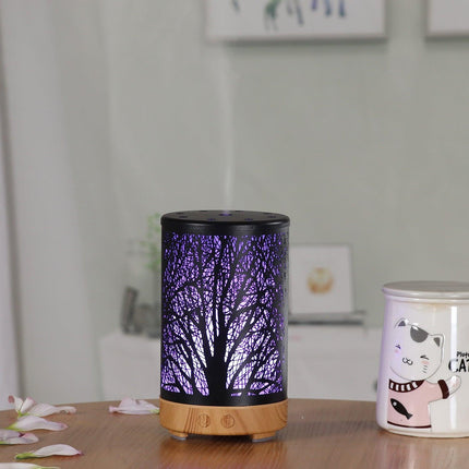 Khaki and Black Forest Design Iron Essential Oil Diffuser - 7 Color LED Ultrasonic Cool Mist Humidifier 100ml.