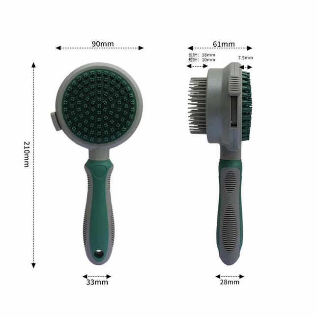 Green And Grey Dual-Sided Pet Grooming Brush - Self-Cleaning Slicker & Gentle Massage Bath Comb for Dogs & Cats.