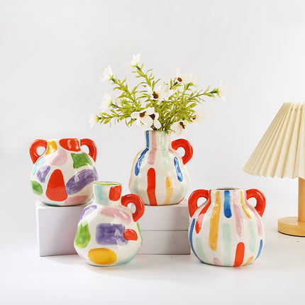 Colorful Charming Hand-Painted Ceramic Vase - Colourful Striped Jug Style Decorative Accent.
