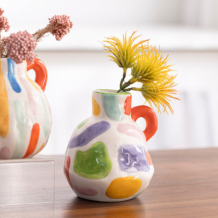 Colorful Charming Hand-Painted Ceramic Vase - Colourful Striped Jug Style Decorative Accent.