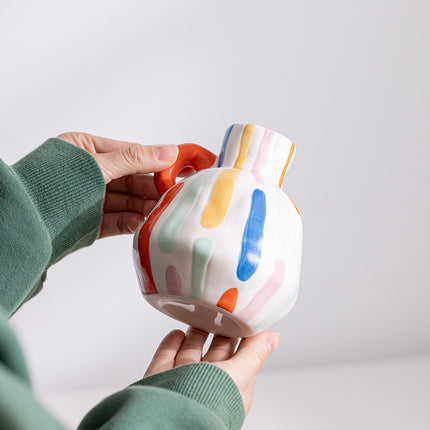 Colorful Charming Hand-Painted Ceramic Vase - Colourful Striped Jug Style Decorative Accent.