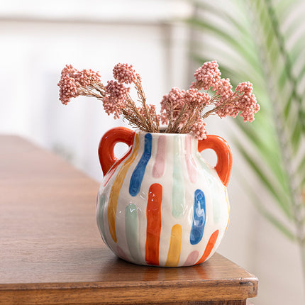 Colorful Charming Hand-Painted Ceramic Vase - Colourful Striped Jug Style Decorative Accent.