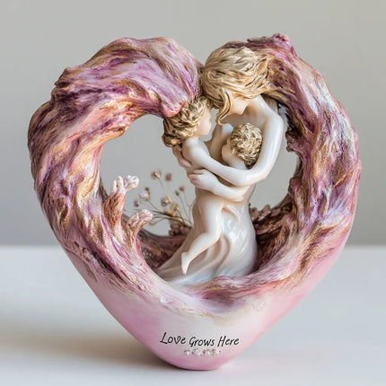 Pink Heartfelt Mother & Two Children Resin Figurine - "Love Grows Here" Decorative Home Accent Sculpture.