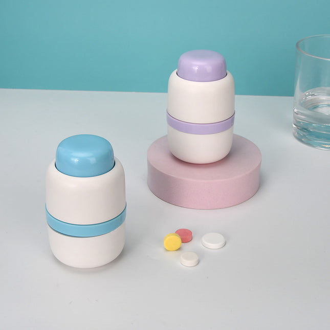White And Blue 3-in-1 Pill Cutter Crusher & Storage Box - Portable Tablet Splitter Grinder for Precise Dosing.