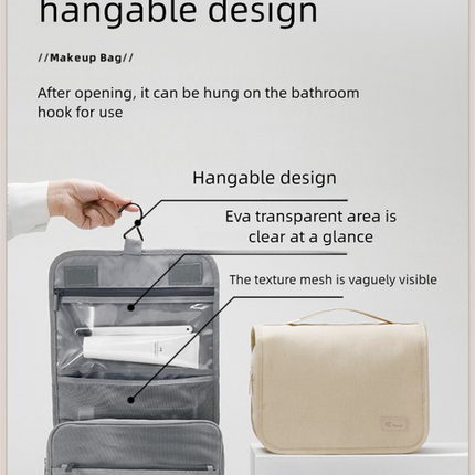Beige Eco-Friendly RPET Hanging Toiletry Bag - Large Capacity Waterproof Travel Makeup Organizer.