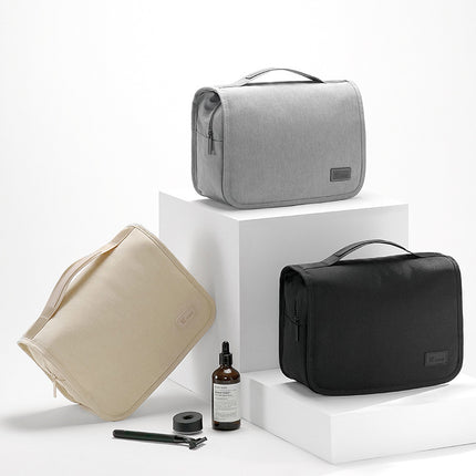Grey Eco-Friendly RPET Hanging Toiletry Bag - Large Capacity Waterproof Travel Makeup Organizer.