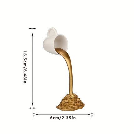2 Pcs White Cup With Golden "Spill" And Base Magic Pouring Coffee Cup Sculpture - Unique Resin Tabletop Art Accent.