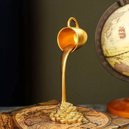 2 Pcs White Cup With Golden "Spill" And Base Magic Pouring Coffee Cup Sculpture - Unique Resin Tabletop Art Accent.