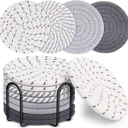Grey Absorbent Woven Cotton Coasters - Set of 8 with Metal Holder - Heat Resistant Drink Mats for Table Protection.