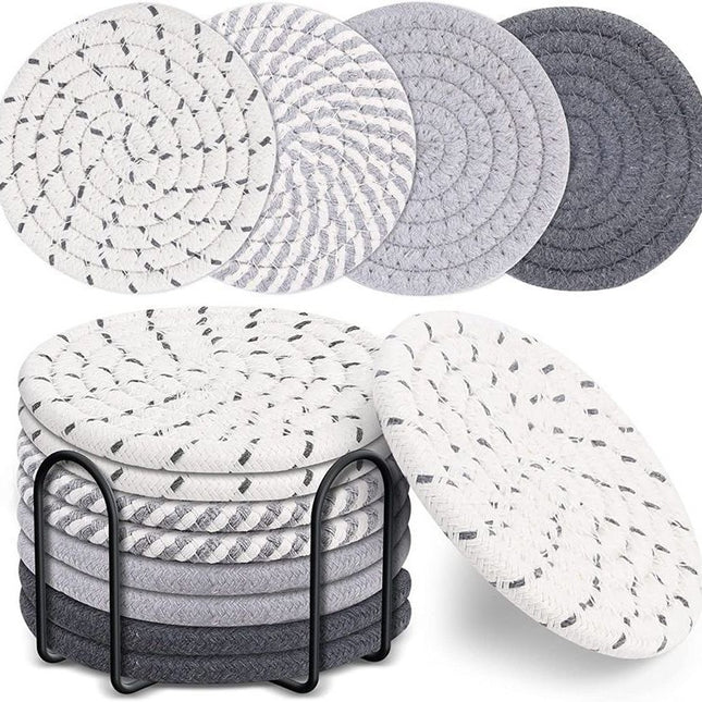 Grey Absorbent Woven Cotton Coasters - Set of 8 with Metal Holder - Heat Resistant Drink Mats for Table Protection.