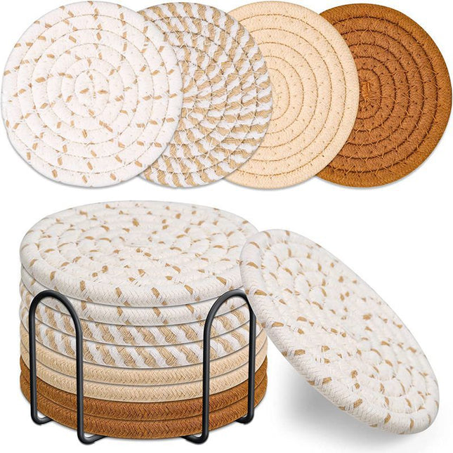Beige and Khaki Absorbent Woven Cotton Coasters - Set of 8 with Metal Holder - Heat Resistant Drink Mats for Table Protection.