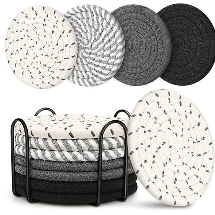 Beige and Black Absorbent Woven Cotton Coasters - Set of 8 with Metal Holder - Heat Resistant Drink Mats for Table Protection.
