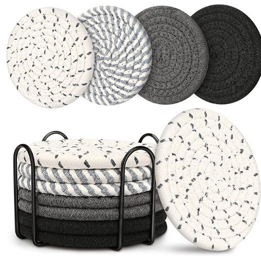 Beige and Black Absorbent Woven Cotton Coasters - Set of 8 with Metal Holder - Heat Resistant Drink Mats for Table Protection.