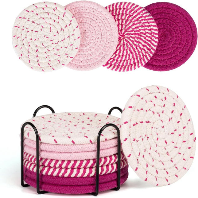 Beige and Pink Absorbent Woven Cotton Coasters - Set of 8 with Metal Holder - Heat Resistant Drink Mats for Table Protection.