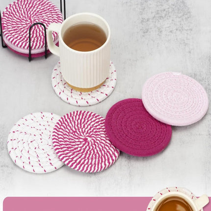 Beige and Pink Absorbent Woven Cotton Coasters - Set of 8 with Metal Holder - Heat Resistant Drink Mats for Table Protection.