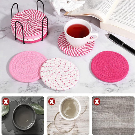 Beige and Pink Absorbent Woven Cotton Coasters - Set of 8 with Metal Holder - Heat Resistant Drink Mats for Table Protection.