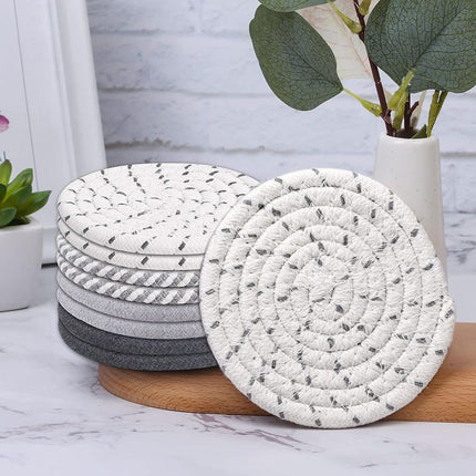 Beige and Pink Absorbent Woven Cotton Coasters - Set of 8 with Metal Holder - Heat Resistant Drink Mats for Table Protection.