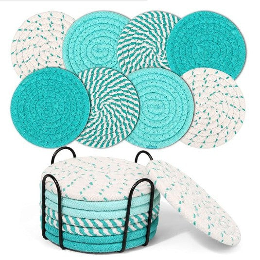 Beige and Blue Absorbent Woven Cotton Coasters - Set of 8 with Metal Holder - Heat Resistant Drink Mats for Table Protection.