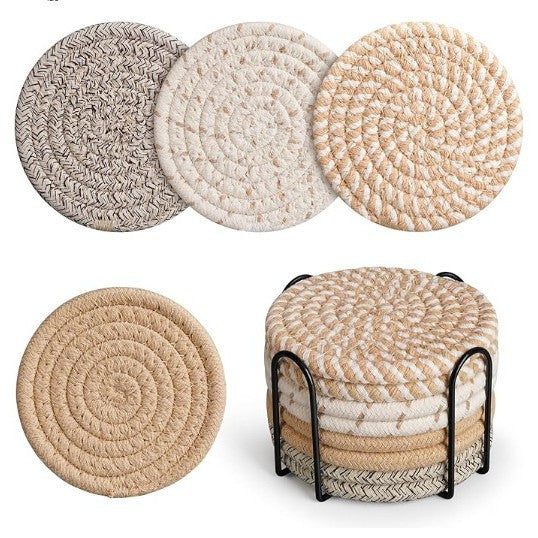 Khaki Absorbent Woven Cotton Coasters - Set of 8 with Metal Holder - Heat Resistant Drink Mats for Table Protection.
