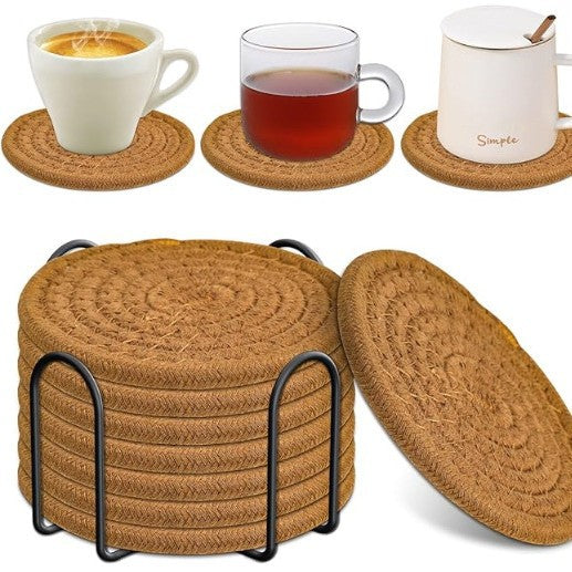Brown Absorbent Woven Cotton Coasters - Set of 8 with Metal Holder - Heat Resistant Drink Mats for Table Protection.