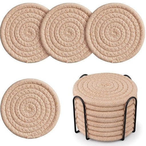 Beige Absorbent Woven Cotton Coasters - Set of 8 with Metal Holder - Heat Resistant Drink Mats for Table Protection.
