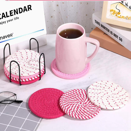 Beige Absorbent Woven Cotton Coasters - Set of 8 with Metal Holder - Heat Resistant Drink Mats for Table Protection.