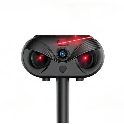 Black Advanced Solar Powered Ultrasonic Animal Repeller - Outdoor Pest Deterrent with Motion Sensor, Strobe Light & Laser.