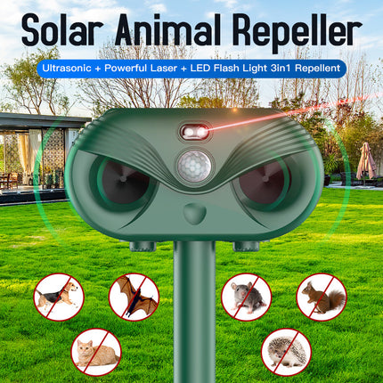 Black Advanced Solar Powered Ultrasonic Animal Repeller - Outdoor Pest Deterrent with Motion Sensor, Strobe Light & Laser.