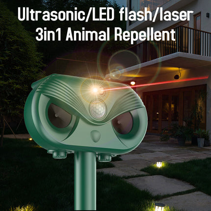 Black Advanced Solar Powered Ultrasonic Animal Repeller - Outdoor Pest Deterrent with Motion Sensor, Strobe Light & Laser.